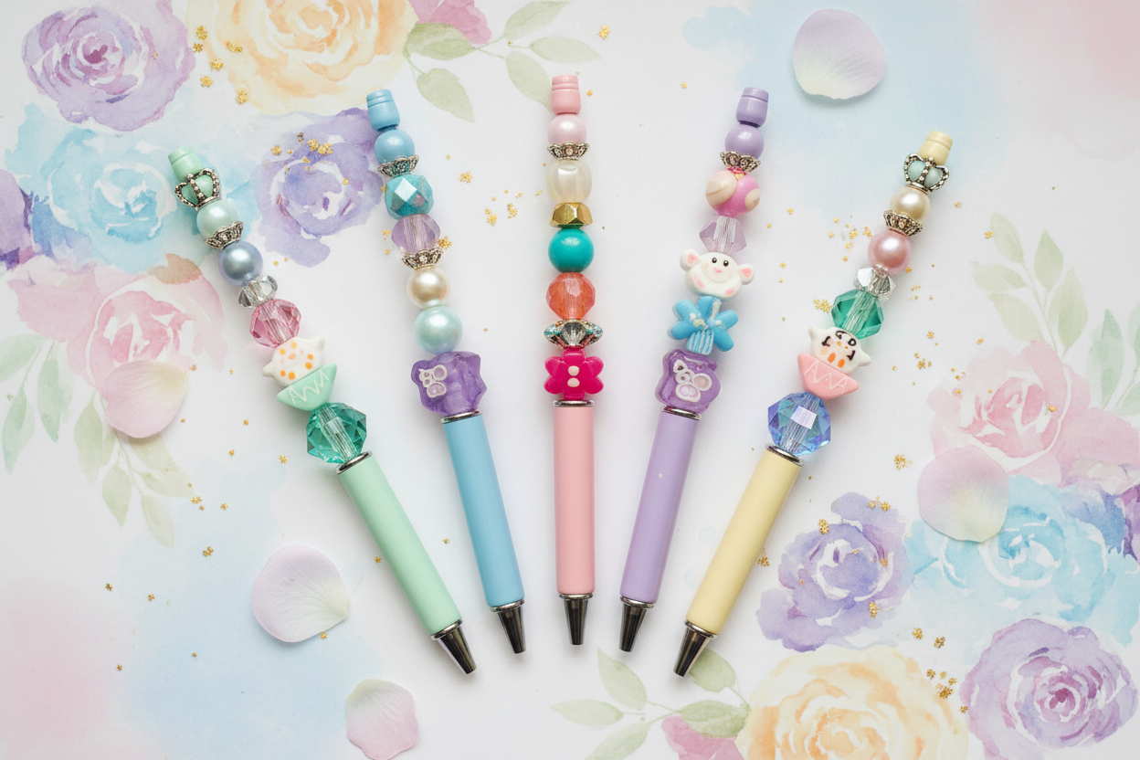 DIY Beaded Pens Whimsical Flat Lay