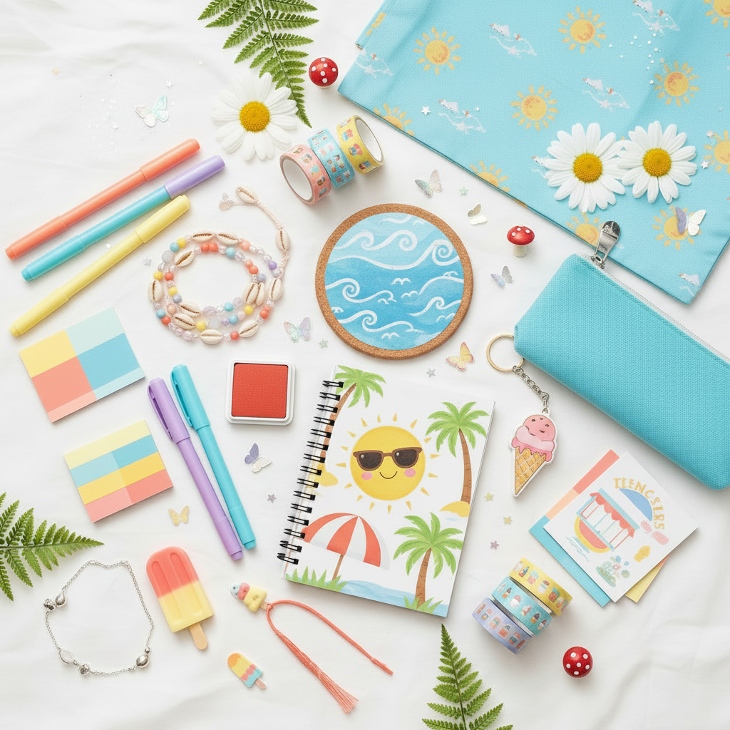 Summer Daydream Bundle - a whimsical flat lay of 22 fun summer stationery and accessories items