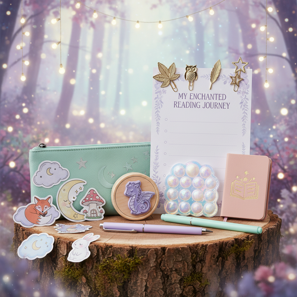 Mini Bundle - Enchanted stationery collection with 5 stickers, paperclips, sticky notes, ink pad, stamp, reading checklist, pencil case, pen, sketchbook, and marker
