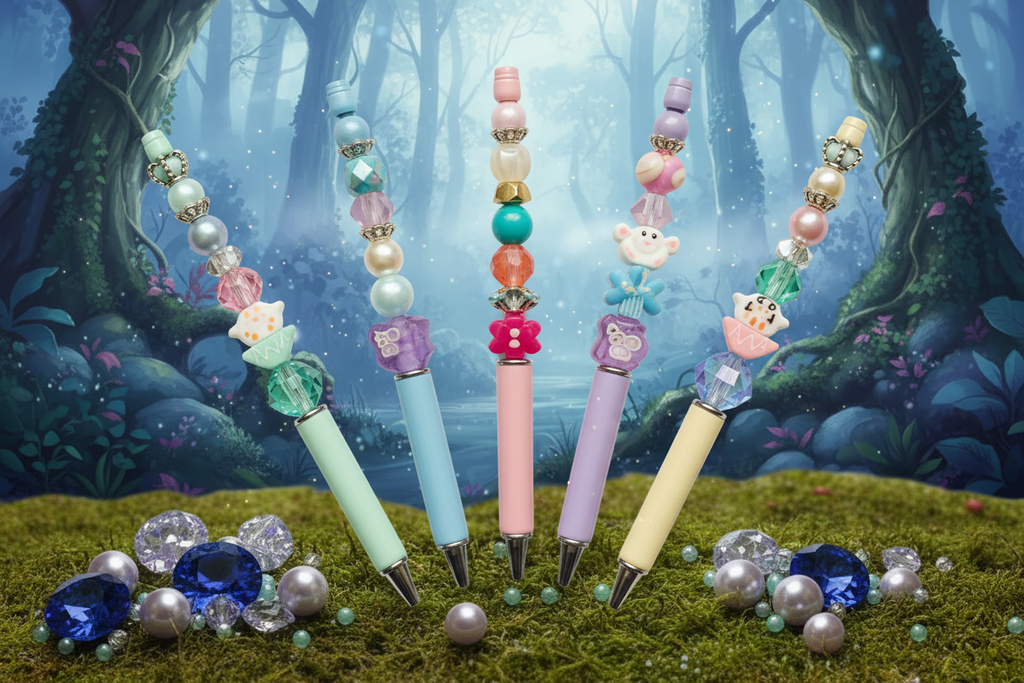 DIY beaded pens with colorful decorative beads on whimsical enchanted forest background